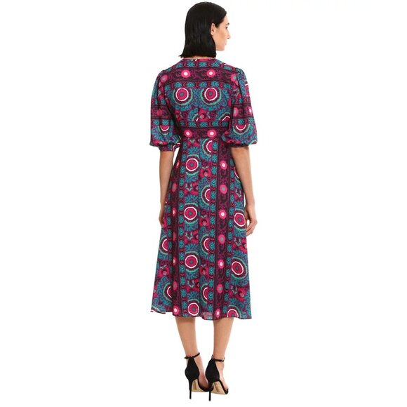 Donna Morgan Dress Midi 3/4 Sleeve Printed V Neck Purple NWT - Picture 2 of 15